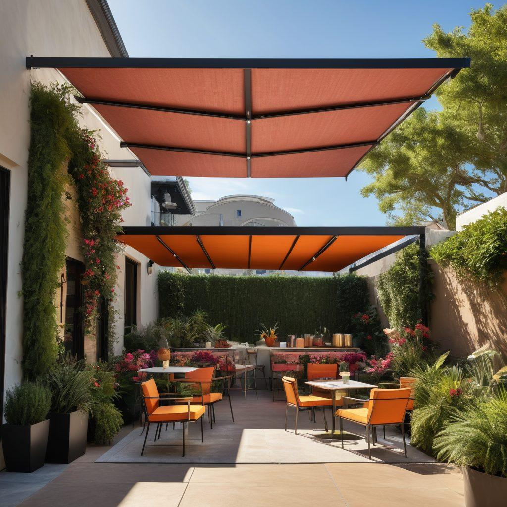 A collage showcasing a variety of awning styles, from elegant fabric canopies to modern fixed structures, set against different outdoor scenes like a sunny patio, a bustling cafe, and a cozy garden. Include detailed textures of fabric and metal, with vibrant colors reflecting the versatility in types and designs. Accompany this with subtle shadows and dynamic lighting to create depth. super-realistic. vibrant colors. outdoor setting.