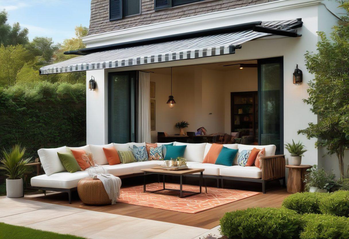 A stylish patio featuring a spacious outdoor space with elegant furniture, shaded by vibrant, energy-efficient motorized awnings. Sunlight casts playful shadows on the ground, while lush greenery adds a touch of nature. A relaxing seating area with cozy cushions showcases the perfect blend of comfort and modern design. Include whimsical elements like a gentle breeze lifting the awning slightly, enhancing the inviting atmosphere. super-realistic. vibrant colors. 3D.
