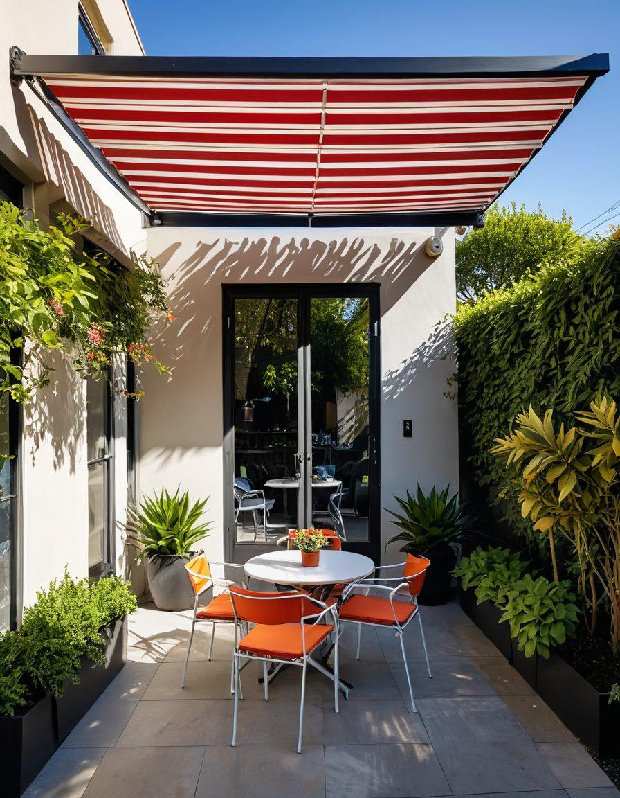 A serene outdoor space showcasing various styles of awnings, including a patio with a modern retractable awning, a cozy café scene with striped awnings, and a backyard with a colorful garden backdrop. Vibrant plants and comfortable outdoor furniture should be featured. Bright sunlight filtering through the awnings, creating playful shadows on the ground. super-realistic. vibrant colors. serene atmosphere.